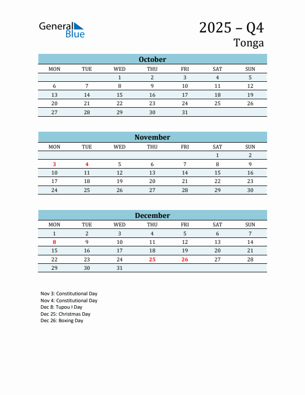 Three-Month Planner for Q4 2025 with Holidays - Tonga
