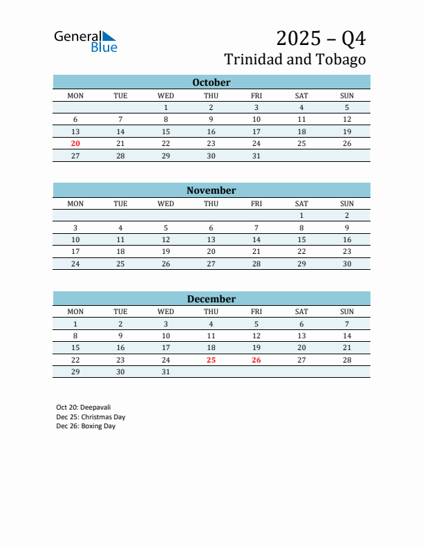 Three-Month Planner for Q4 2025 with Holidays - Trinidad and Tobago