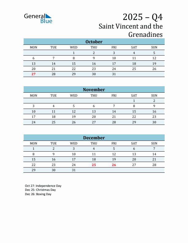 Three-Month Planner for Q4 2025 with Holidays - Saint Vincent and the Grenadines