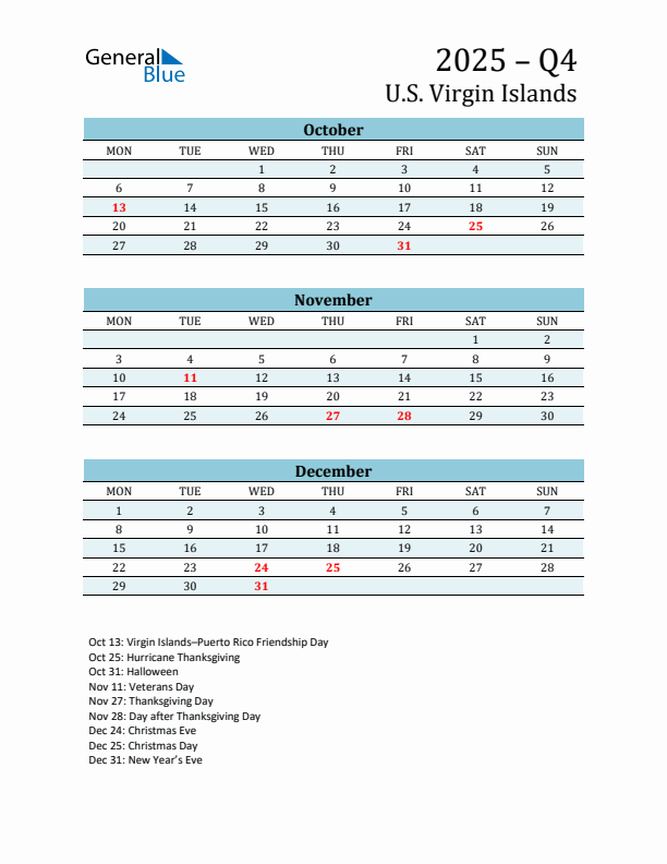 Three-Month Planner for Q4 2025 with Holidays - U.S. Virgin Islands