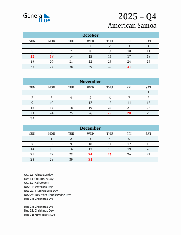 Three-Month Planner for Q4 2025 with Holidays - American Samoa