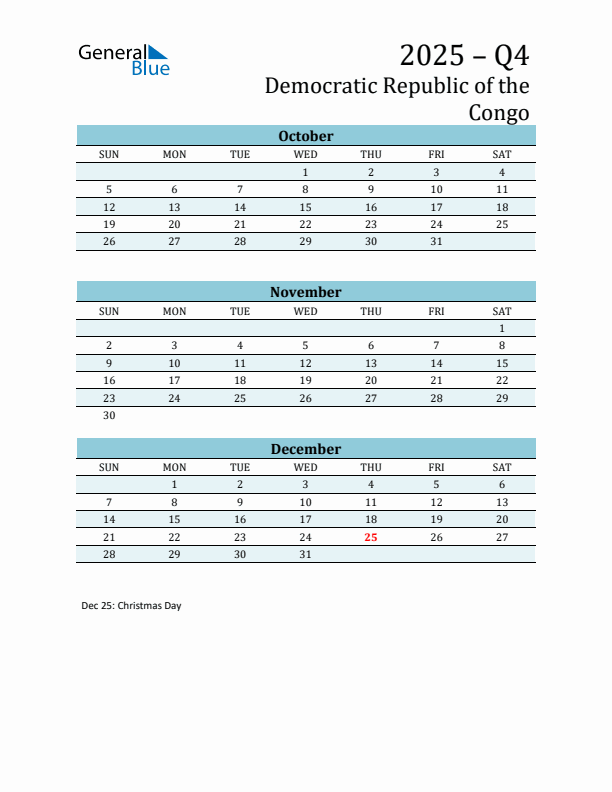Three-Month Planner for Q4 2025 with Holidays - Democratic Republic of the Congo