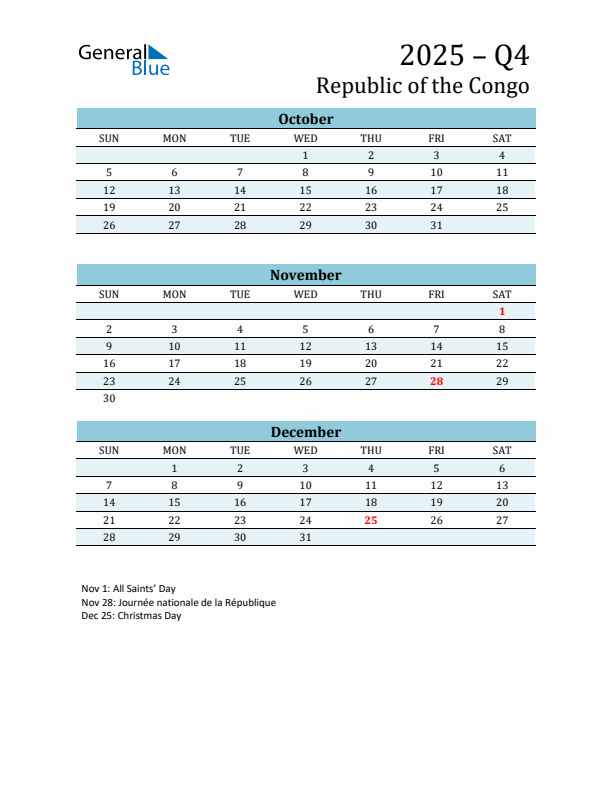 Three-Month Planner for Q4 2025 with Holidays - Republic of the Congo