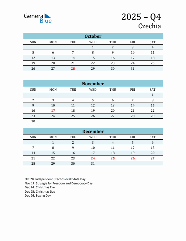 Three-Month Planner for Q4 2025 with Holidays - Czechia