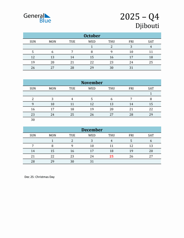 Three-Month Planner for Q4 2025 with Holidays - Djibouti