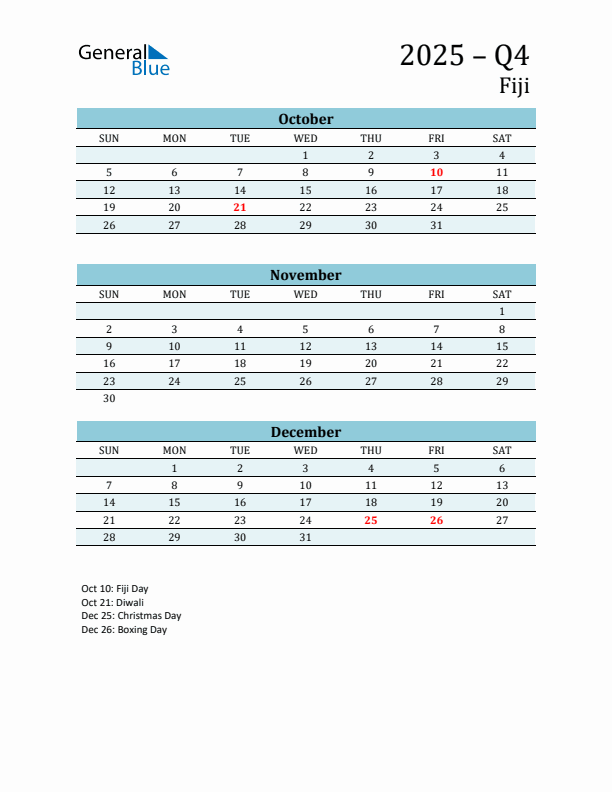 Three-Month Planner for Q4 2025 with Holidays - Fiji