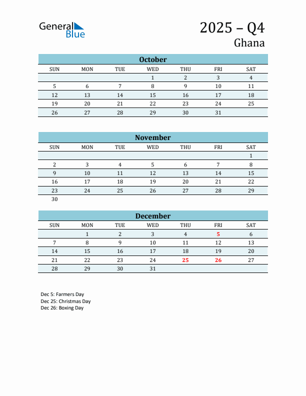 Three-Month Planner for Q4 2025 with Holidays - Ghana