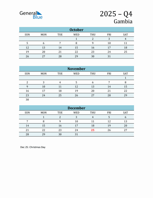 Three-Month Planner for Q4 2025 with Holidays - Gambia