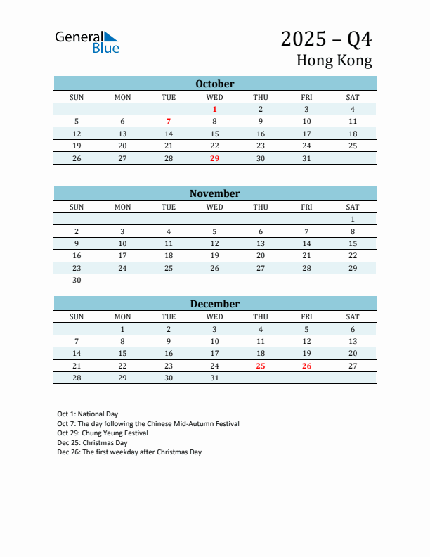 Three-Month Planner for Q4 2025 with Holidays - Hong Kong