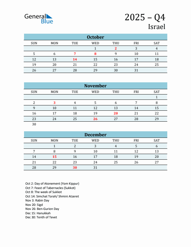 Three-Month Planner for Q4 2025 with Holidays - Israel