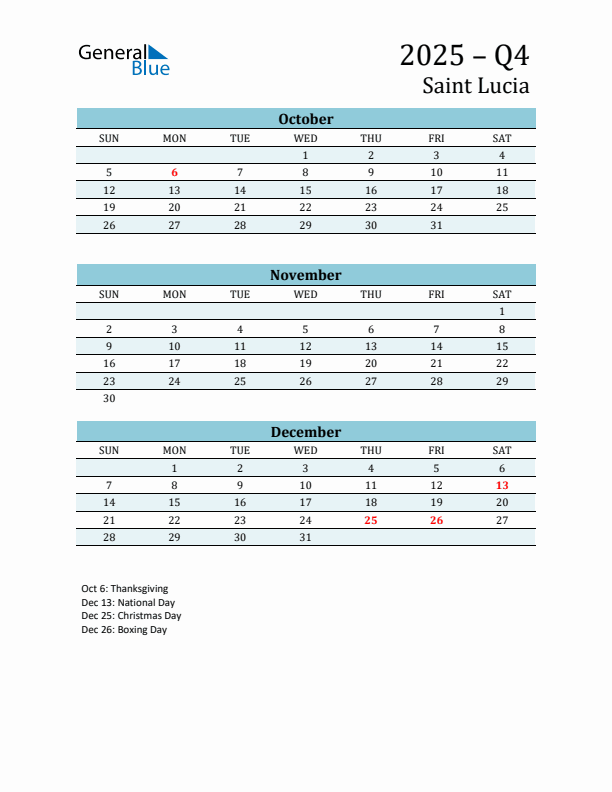 Three-Month Planner for Q4 2025 with Holidays - Saint Lucia