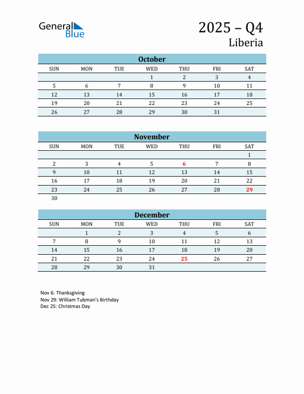 Three-Month Planner for Q4 2025 with Holidays - Liberia