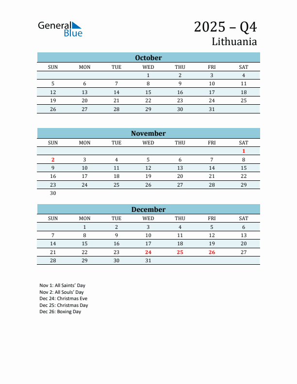 Three-Month Planner for Q4 2025 with Holidays - Lithuania