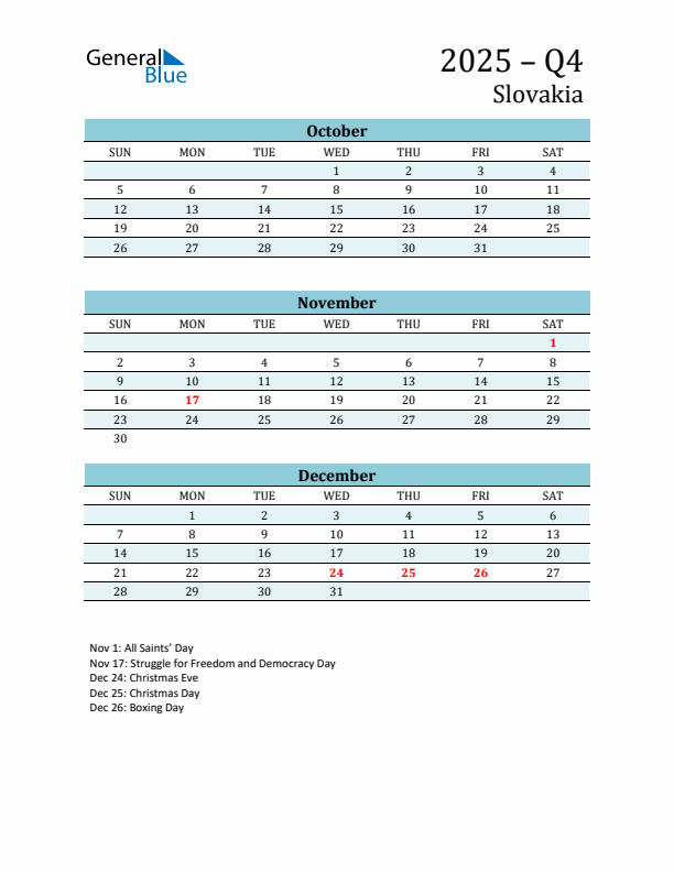 Three-Month Planner for Q4 2025 with Holidays - Slovakia