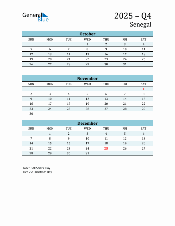Three-Month Planner for Q4 2025 with Holidays - Senegal
