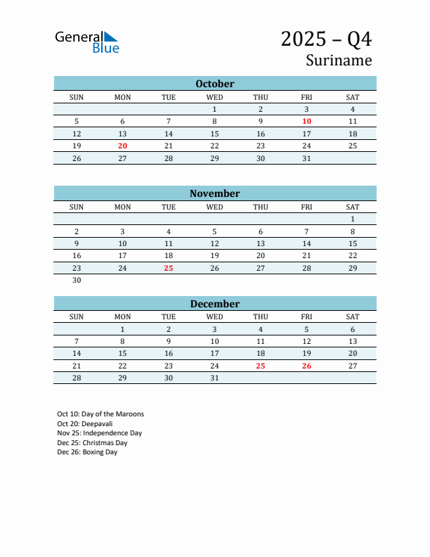 Three-Month Planner for Q4 2025 with Holidays - Suriname