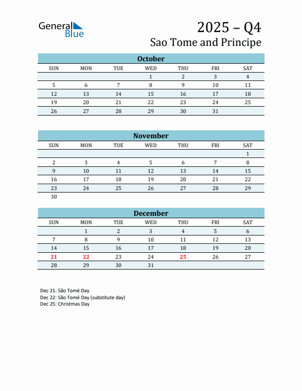 Three-Month Planner for Q4 2025 with Holidays - Sao Tome and Principe