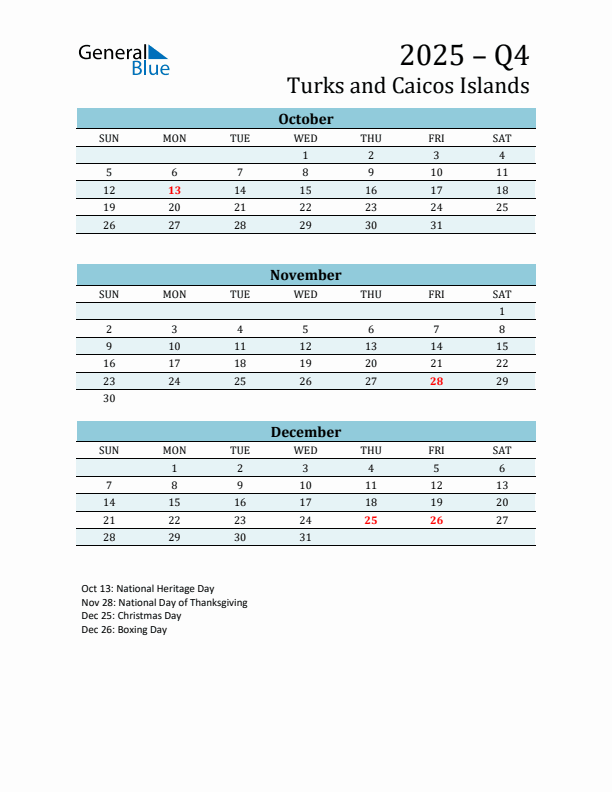 Three-Month Planner for Q4 2025 with Holidays - Turks and Caicos Islands