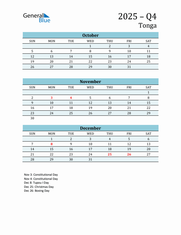 Three-Month Planner for Q4 2025 with Holidays - Tonga