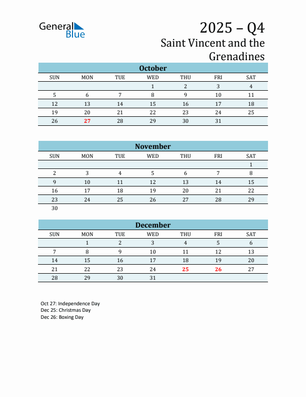 Three-Month Planner for Q4 2025 with Holidays - Saint Vincent and the Grenadines