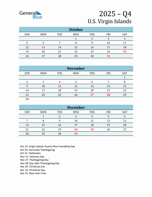 Three-Month Planner for Q4 2025 with Holidays - U.S. Virgin Islands