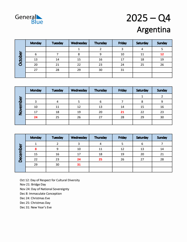 Free Q4 2025 Calendar for Argentina - Monday Start