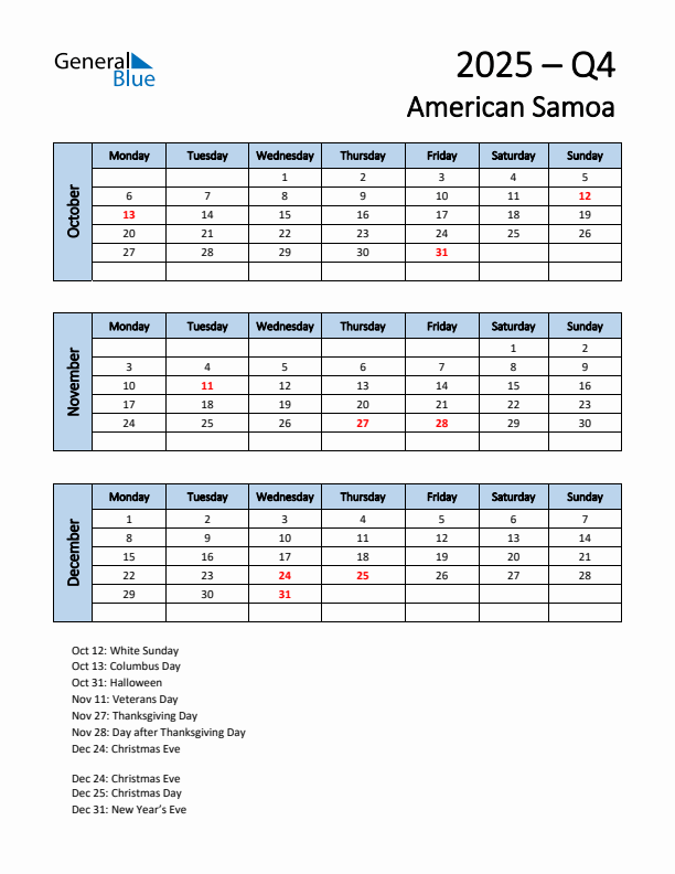 Free Q4 2025 Calendar for American Samoa - Monday Start