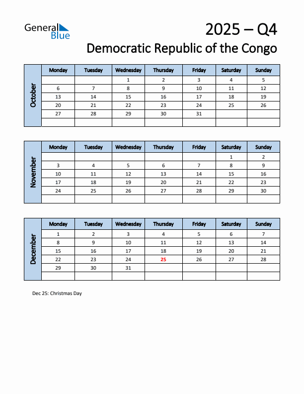 Free Q4 2025 Calendar for Democratic Republic of the Congo - Monday Start