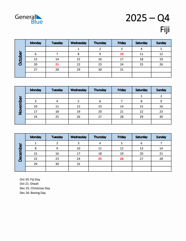 Free Q4 2025 Calendar for Fiji - Monday Start