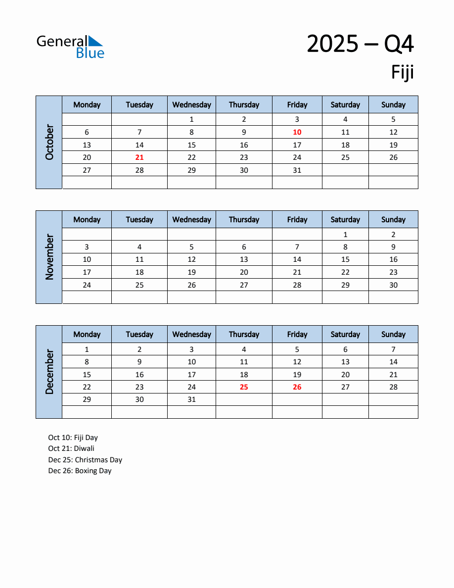 Free Q4 2025 Calendar for Fiji - Monday Start