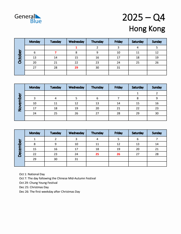 Free Q4 2025 Calendar for Hong Kong - Monday Start