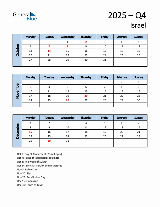 Free Q4 2025 Calendar for Israel - Monday Start