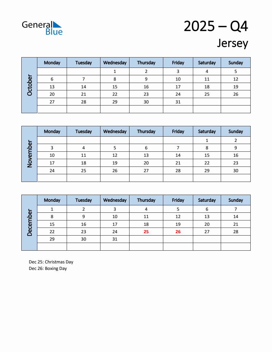 Free Q4 2025 Calendar for Jersey - Monday Start