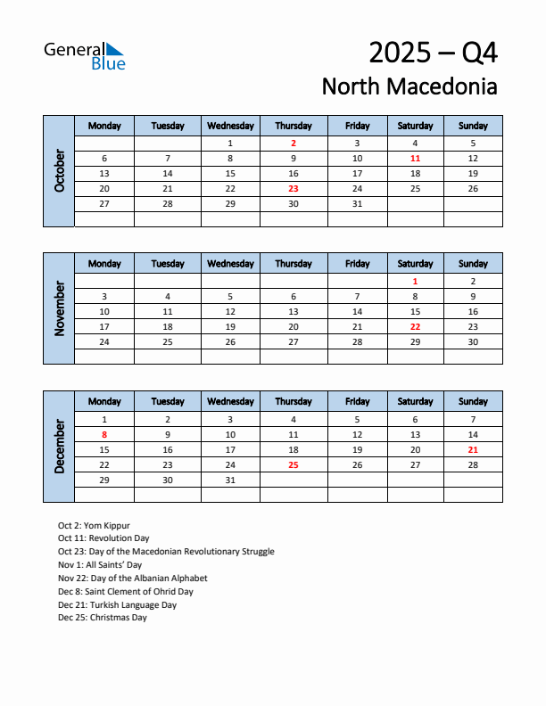 Free Q4 2025 Calendar for North Macedonia - Monday Start