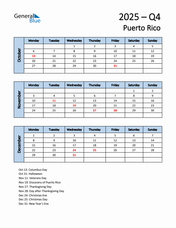 Free Q4 2025 Calendar for Puerto Rico - Monday Start