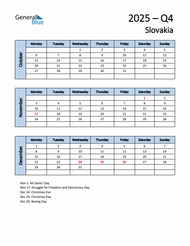 Free Q4 2025 Calendar for Slovakia - Monday Start