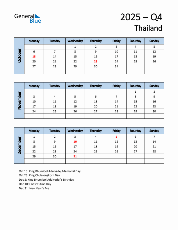 Free Q4 2025 Calendar for Thailand - Monday Start