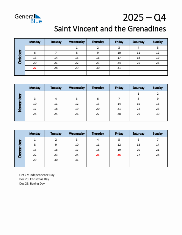 Free Q4 2025 Calendar for Saint Vincent and the Grenadines - Monday Start