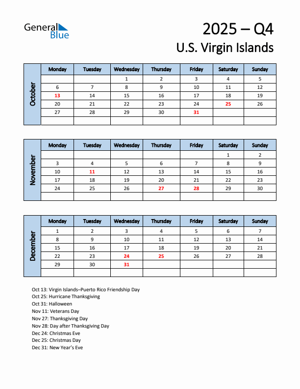 Free Q4 2025 Calendar for U.S. Virgin Islands - Monday Start