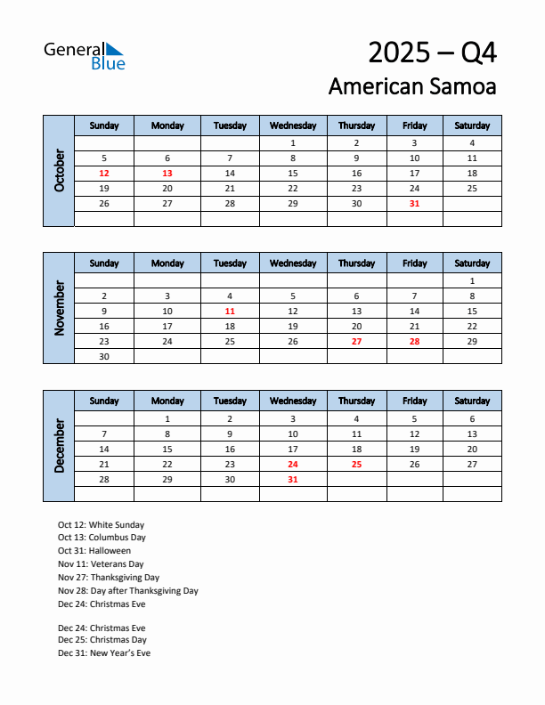 Free Q4 2025 Calendar for American Samoa - Sunday Start