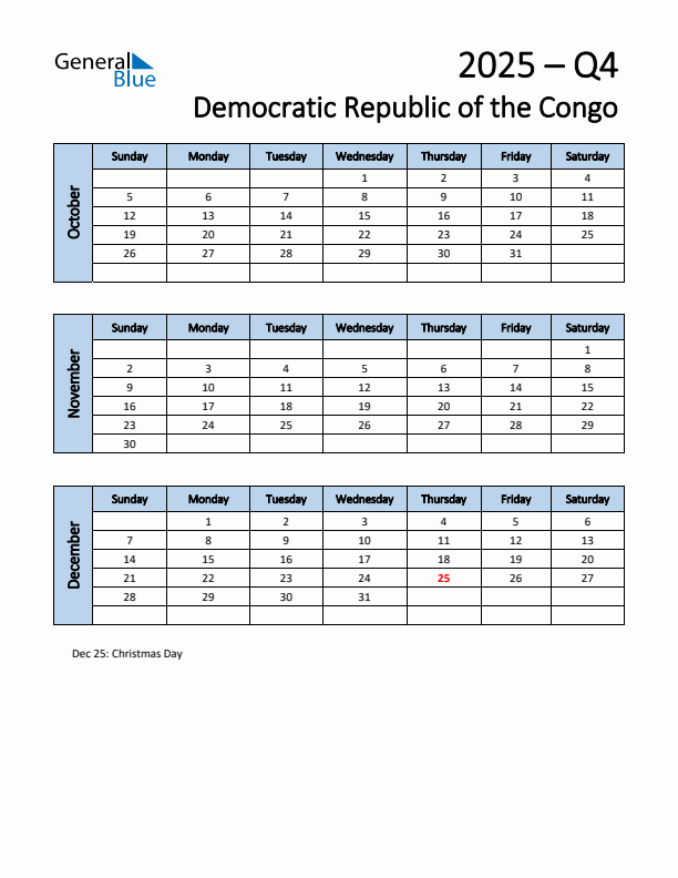 Free Q4 2025 Calendar for Democratic Republic of the Congo - Sunday Start