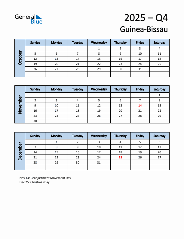 Free Q4 2025 Calendar for Guinea-Bissau - Sunday Start
