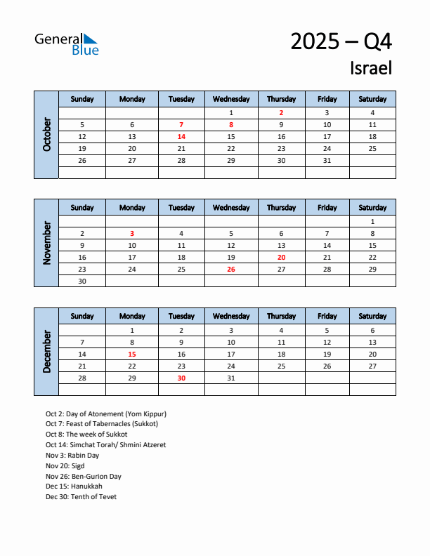 Free Q4 2025 Calendar for Israel - Sunday Start