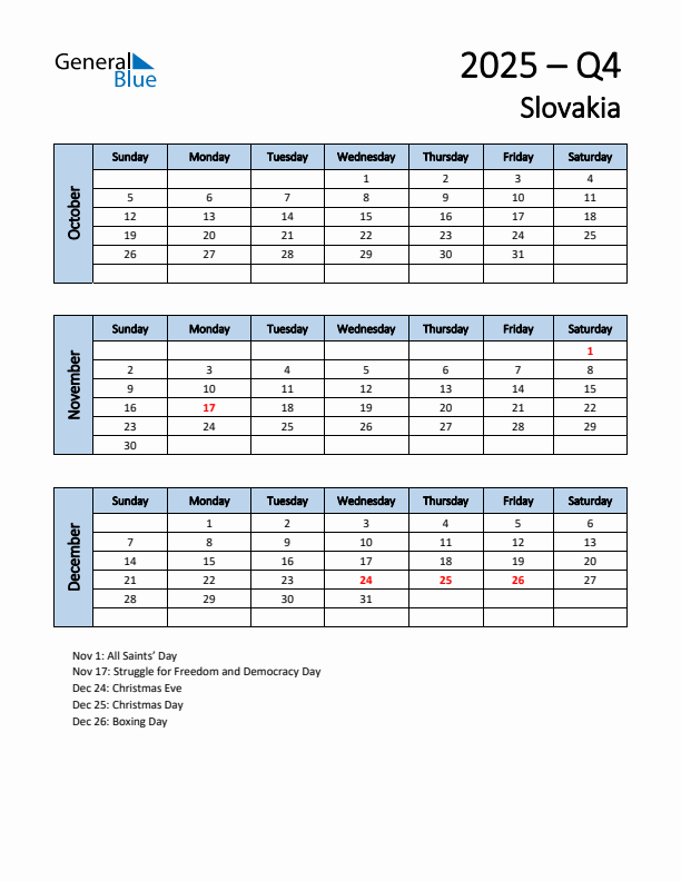 Free Q4 2025 Calendar for Slovakia - Sunday Start
