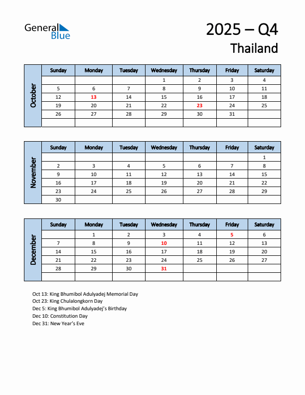 Free Q4 2025 Calendar for Thailand - Sunday Start