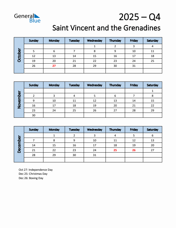 Free Q4 2025 Calendar for Saint Vincent and the Grenadines - Sunday Start