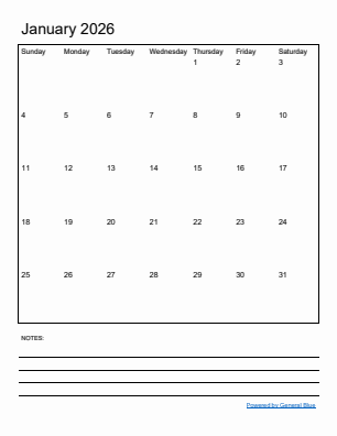 Next month calendar January 2026