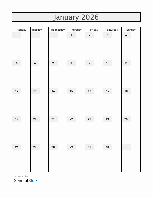 Blank January 2026 Calendar