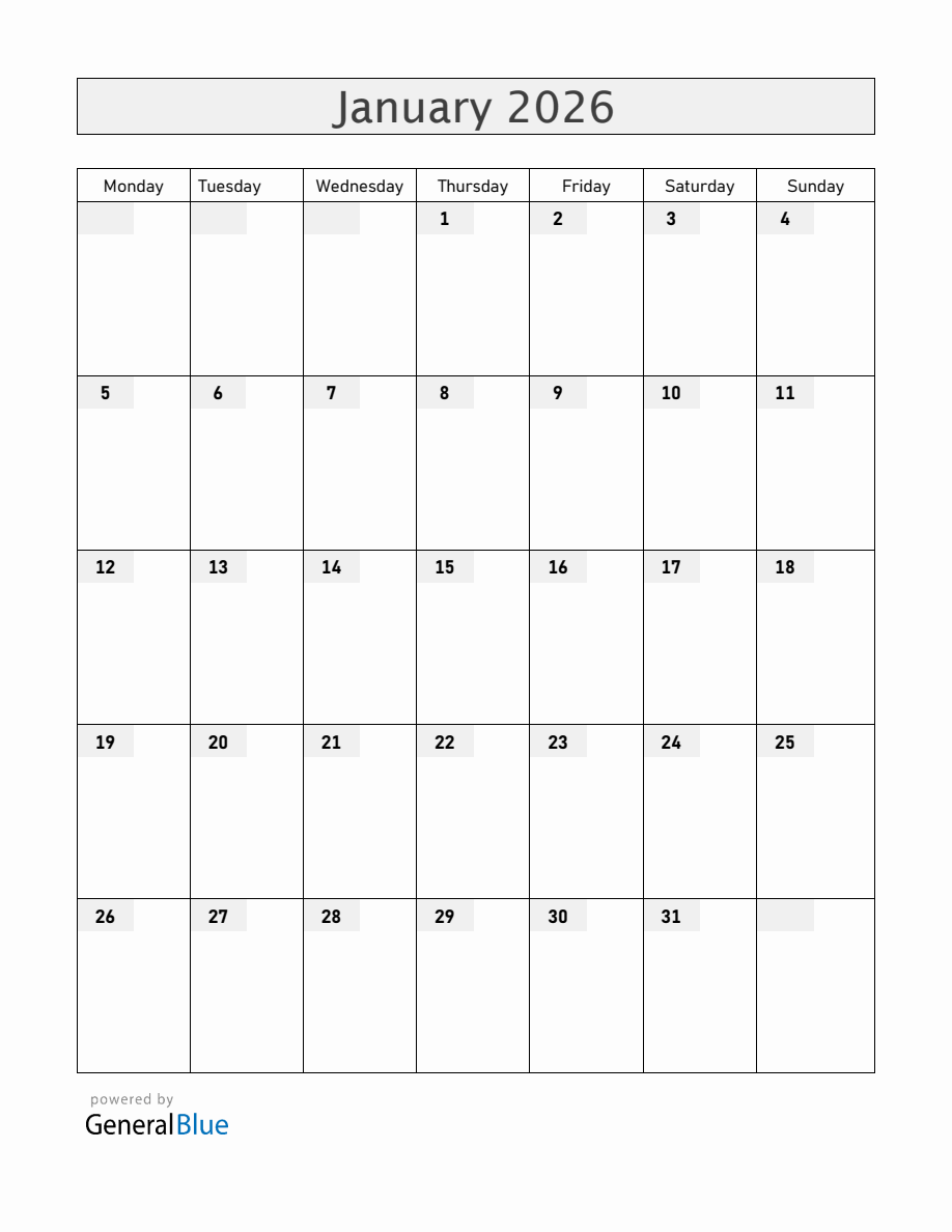 Blank January 2026 Calendar - Monday Start