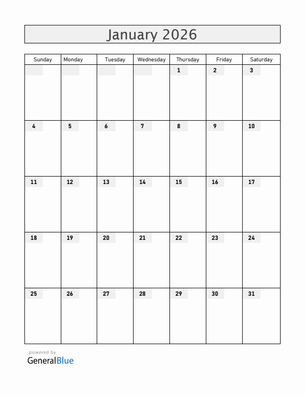 Blank January 2026 Calendar